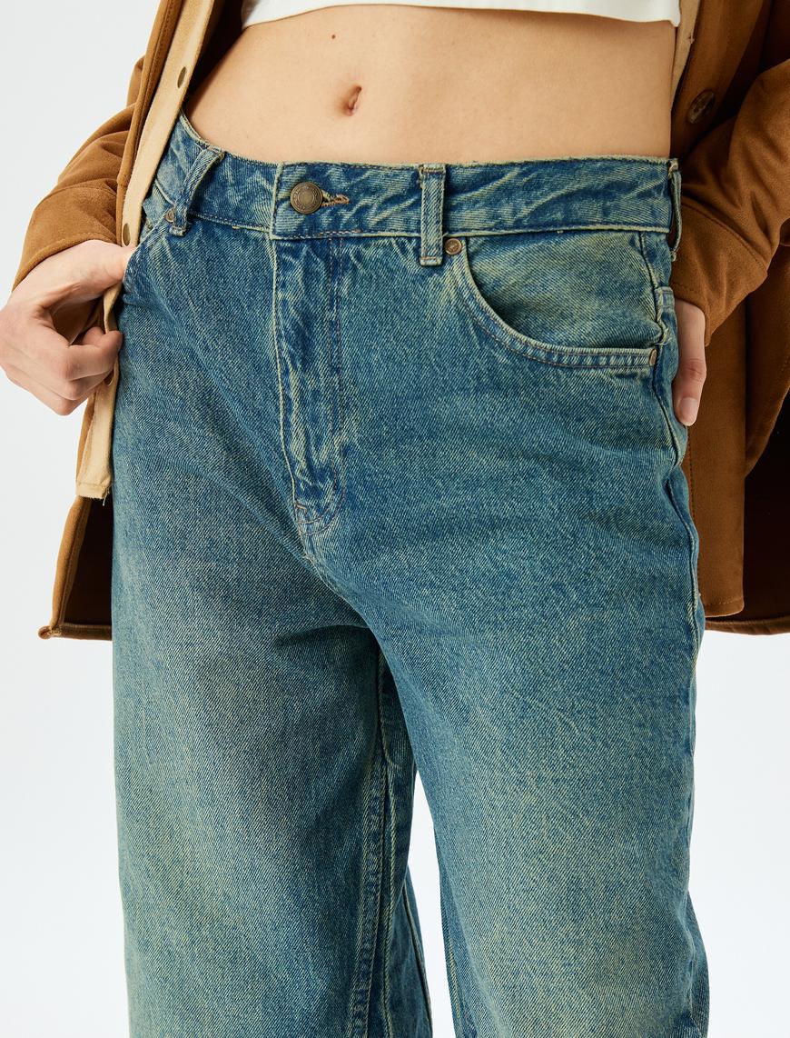   Geniş Paça Yüksek Bel Cep Detaylı Düğmeli Kot Pantolon - Wide Leg Jean