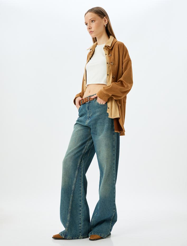  Geniş Paça Yüksek Bel Cep Detaylı Düğmeli Kot Pantolon - Wide Leg Jean