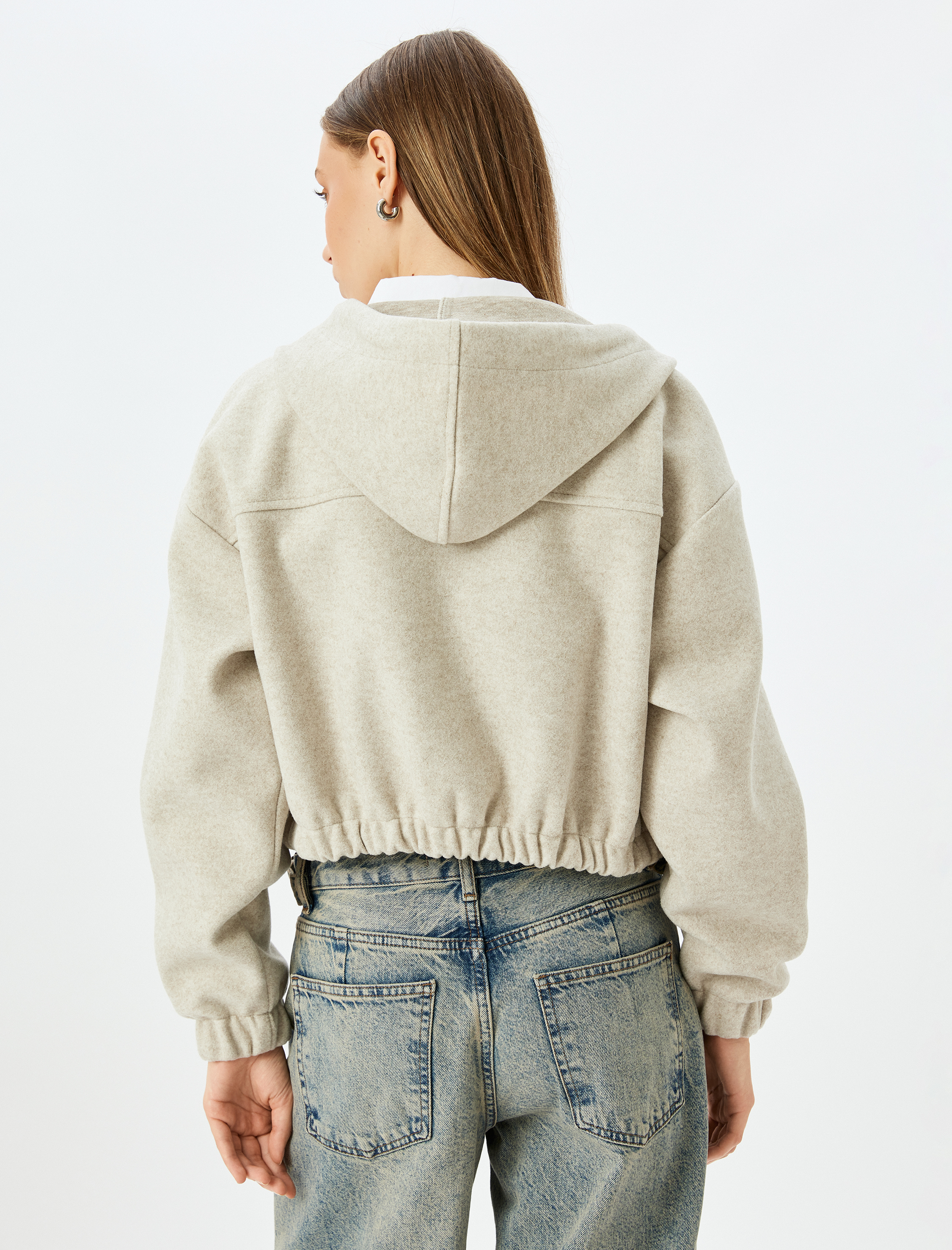   Kapüşonlu Fermuarlı Dikiş Detaylı Crop Sweatshirt
