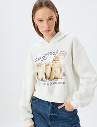 Kapüşonlu Kedi Baskılı Şardonlu Rahat Kalıp Crop Sweatshirt