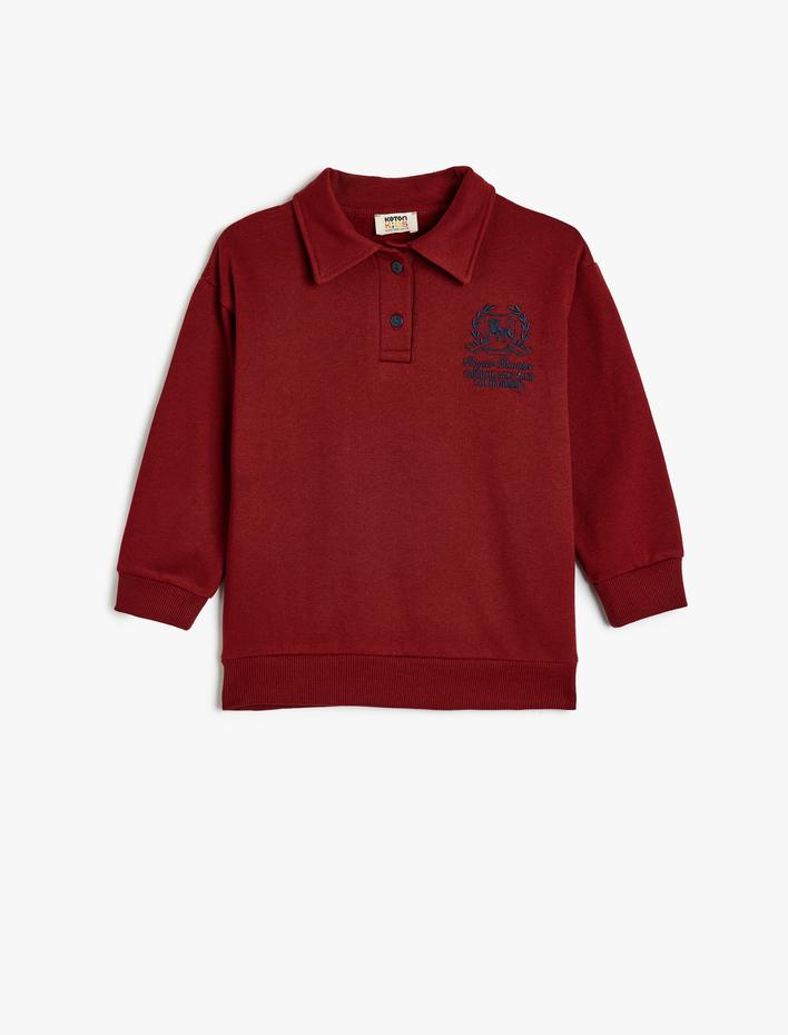 Erkek Çocuk Oversize Polo Sweatshirt Uzun Kollu İşleme Detaylı Düğmeli