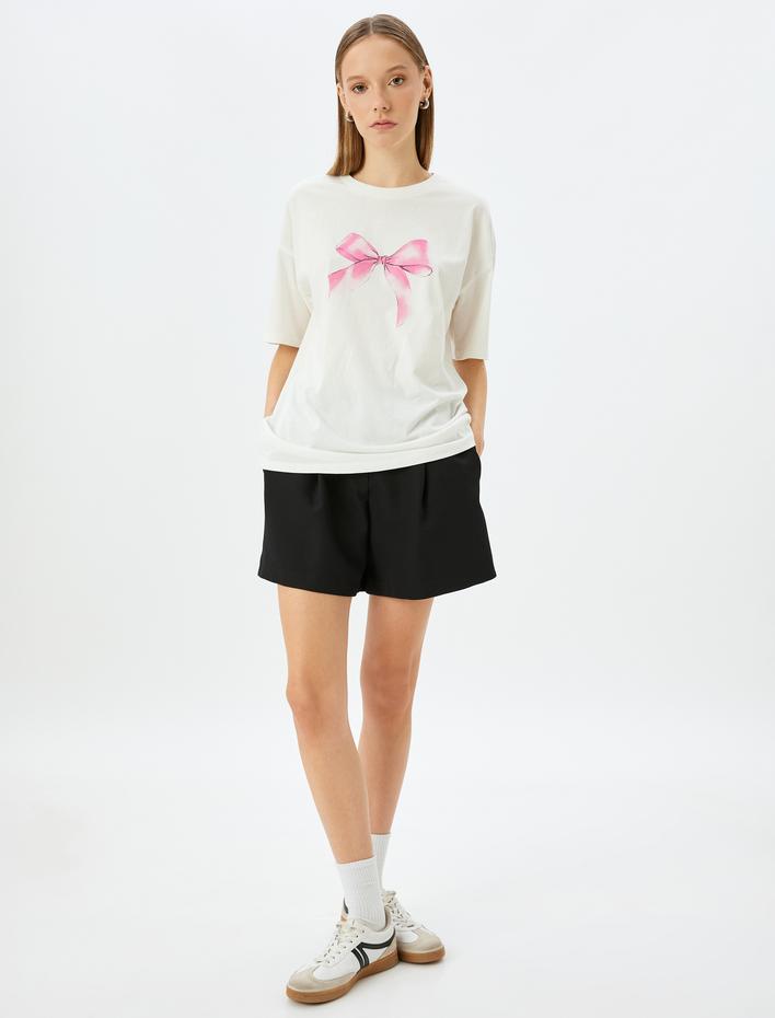  Bisiklet Yaka Fiyonk Baskılı Rahat Kalıp Kısa Kollu Tişört