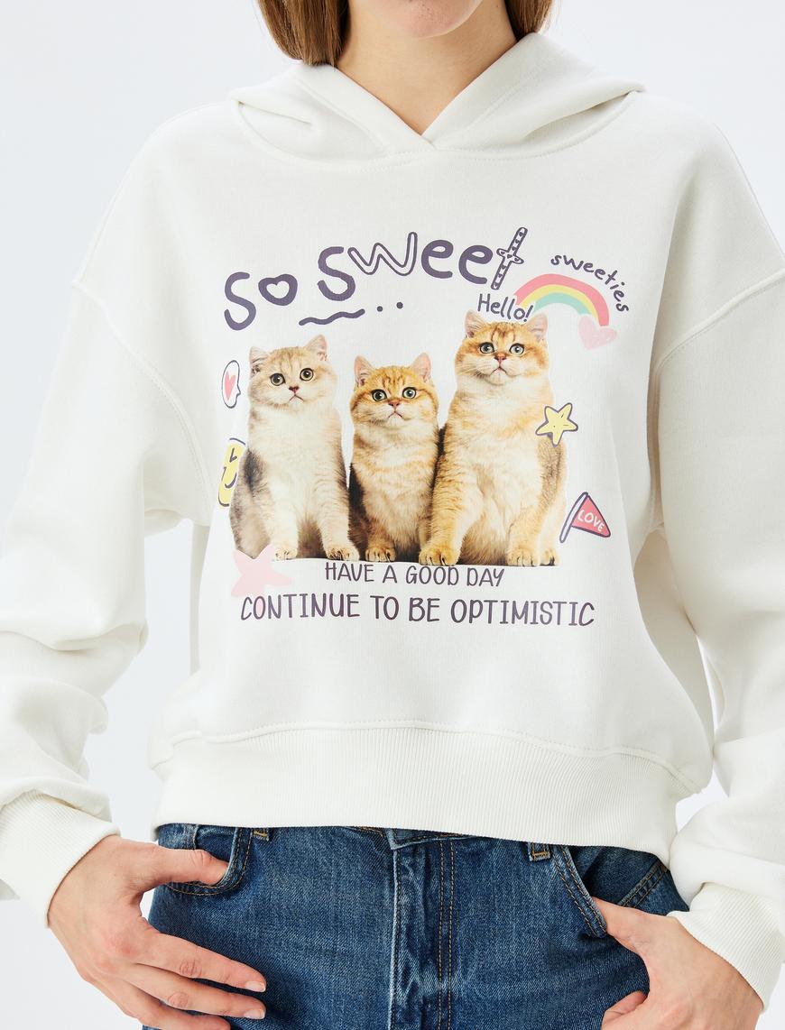   Kapüşonlu Kedi Baskılı Şardonlu Crop Sweatshirt