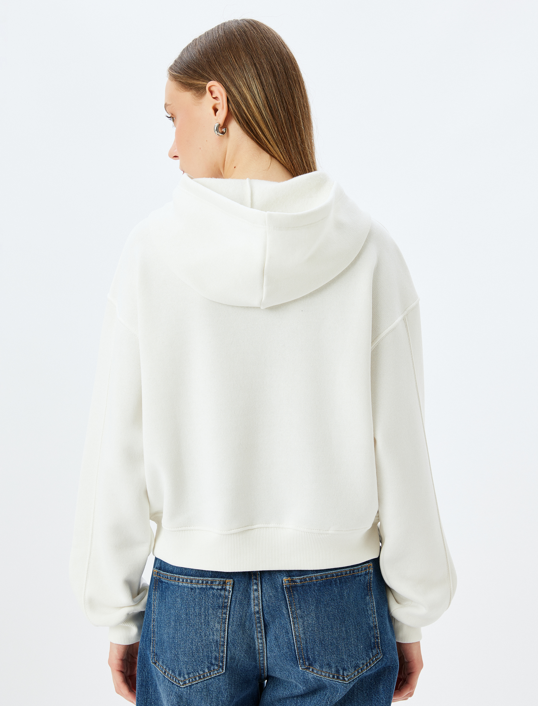   Kapüşonlu Kedi Baskılı Şardonlu Crop Sweatshirt