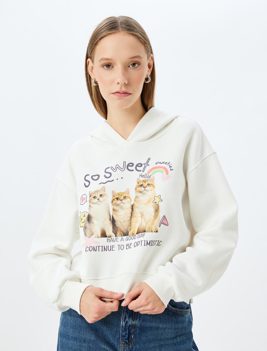   Kapüşonlu Kedi Baskılı Şardonlu Crop Sweatshirt