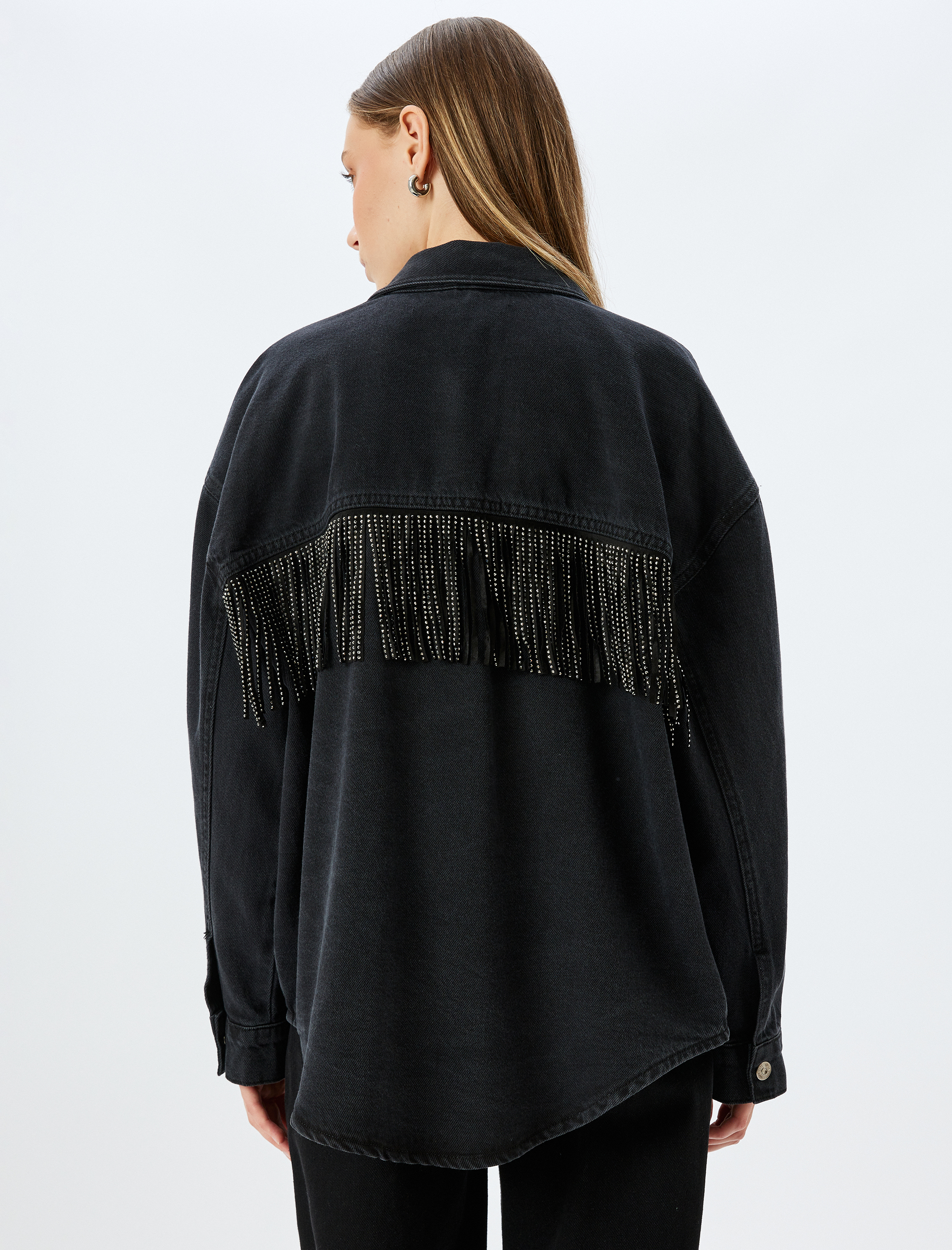 Taşlı Püsküllü Düğmeli Klasik Yaka Oversize Kot Ceket