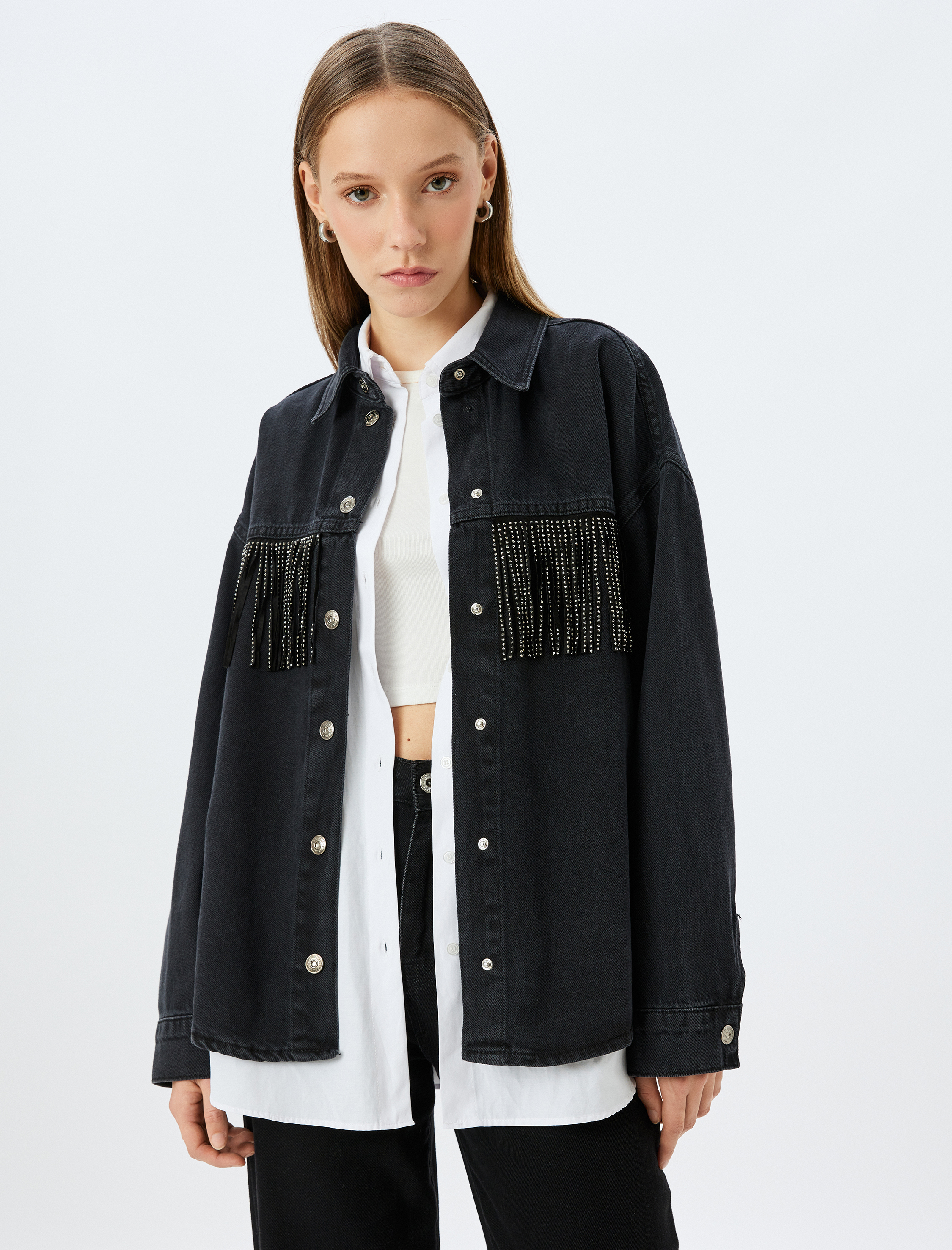 Taşlı Püsküllü Düğmeli Klasik Yaka Oversize Kot Ceket