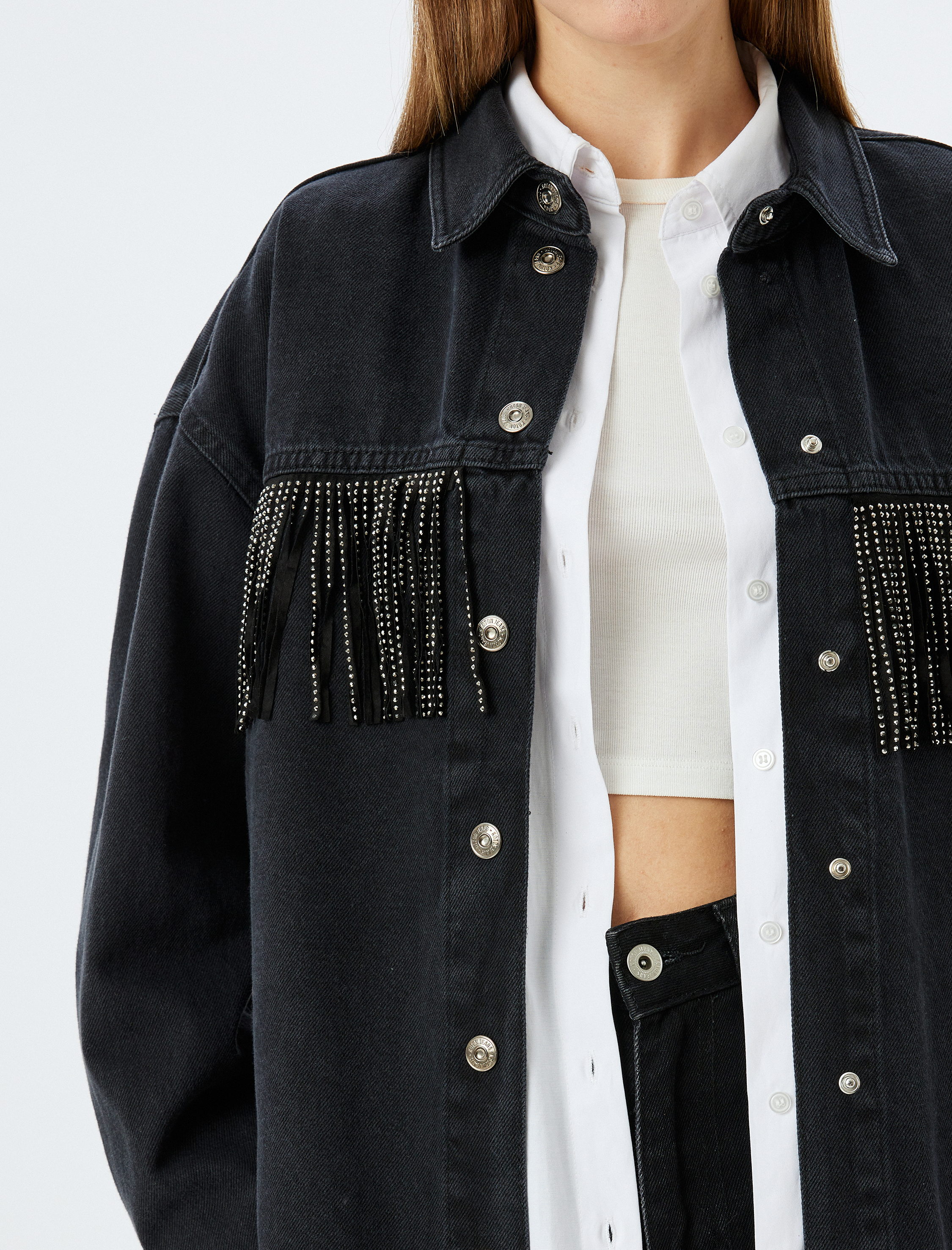 Taşlı Püsküllü Düğmeli Klasik Yaka Oversize Kot Ceket