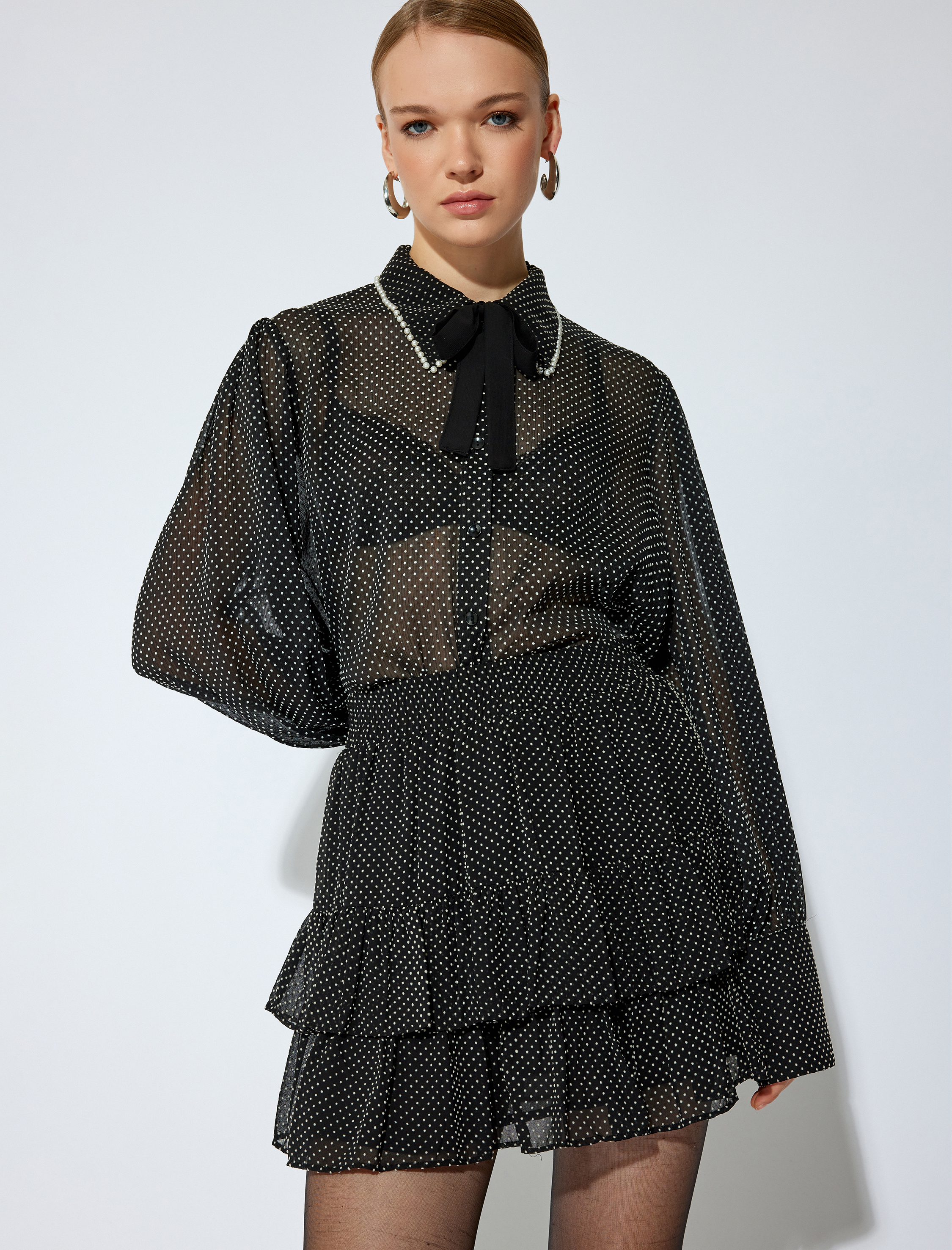   Fırfırlı Katlı Puantiyeli Mini Etek