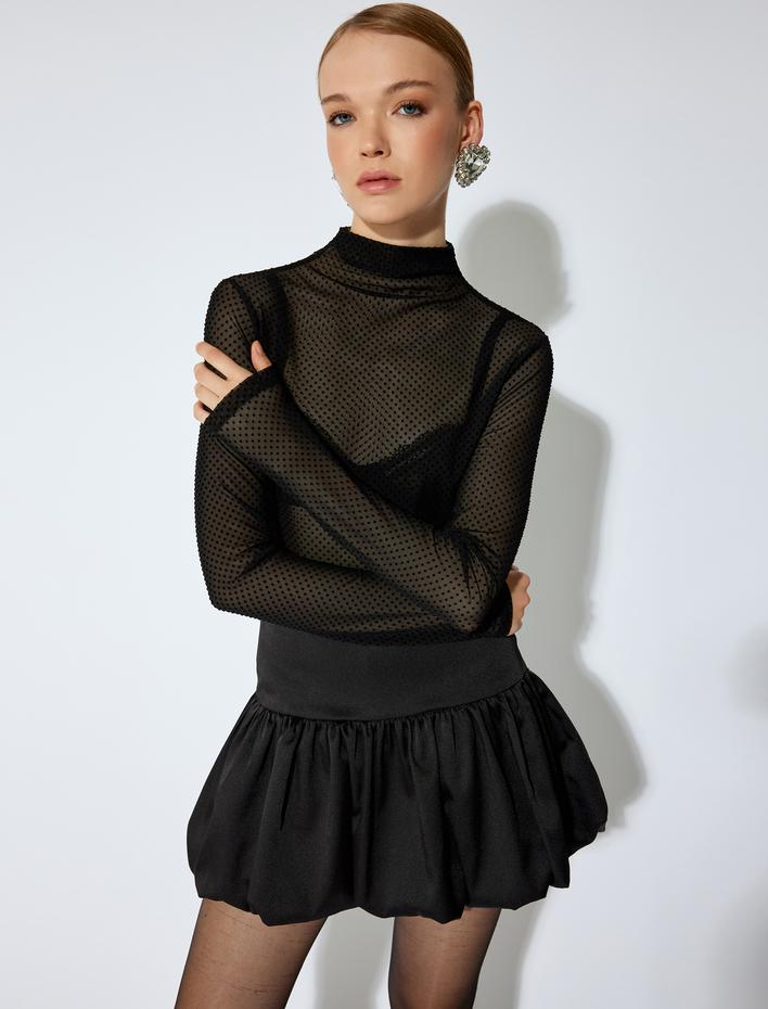  Koton X Sibil Çetinkaya - Uzun Kollu Dik Yaka Transparan Tül Tişört