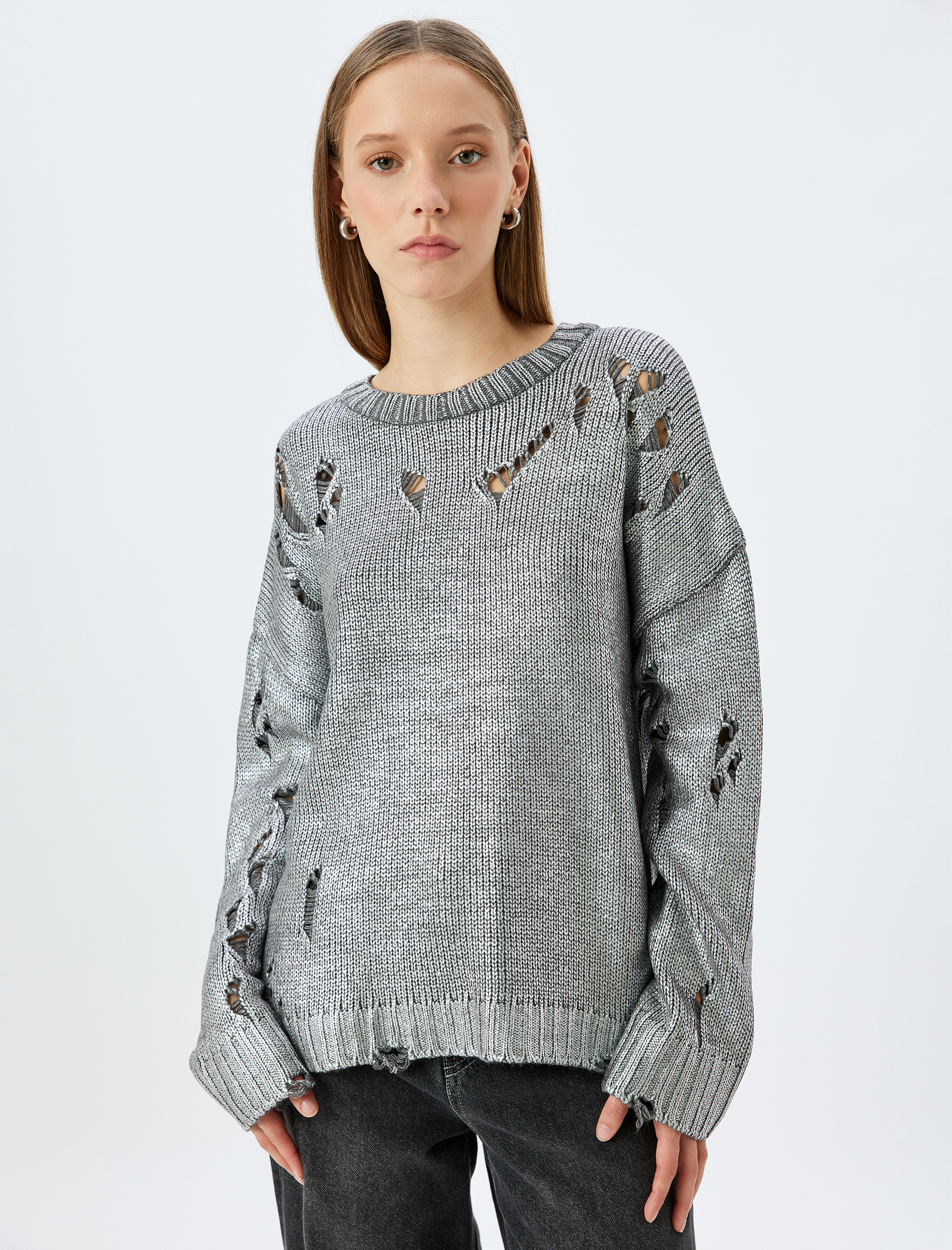   Bisiklet Yaka Yıpratılmış Uzun Kollu Metalik Kazak