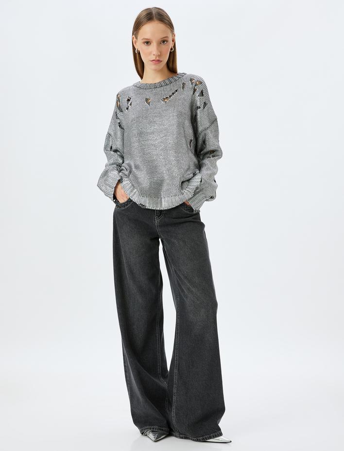  Bisiklet Yaka Yıpratılmış Uzun Kollu Metalik Kazak