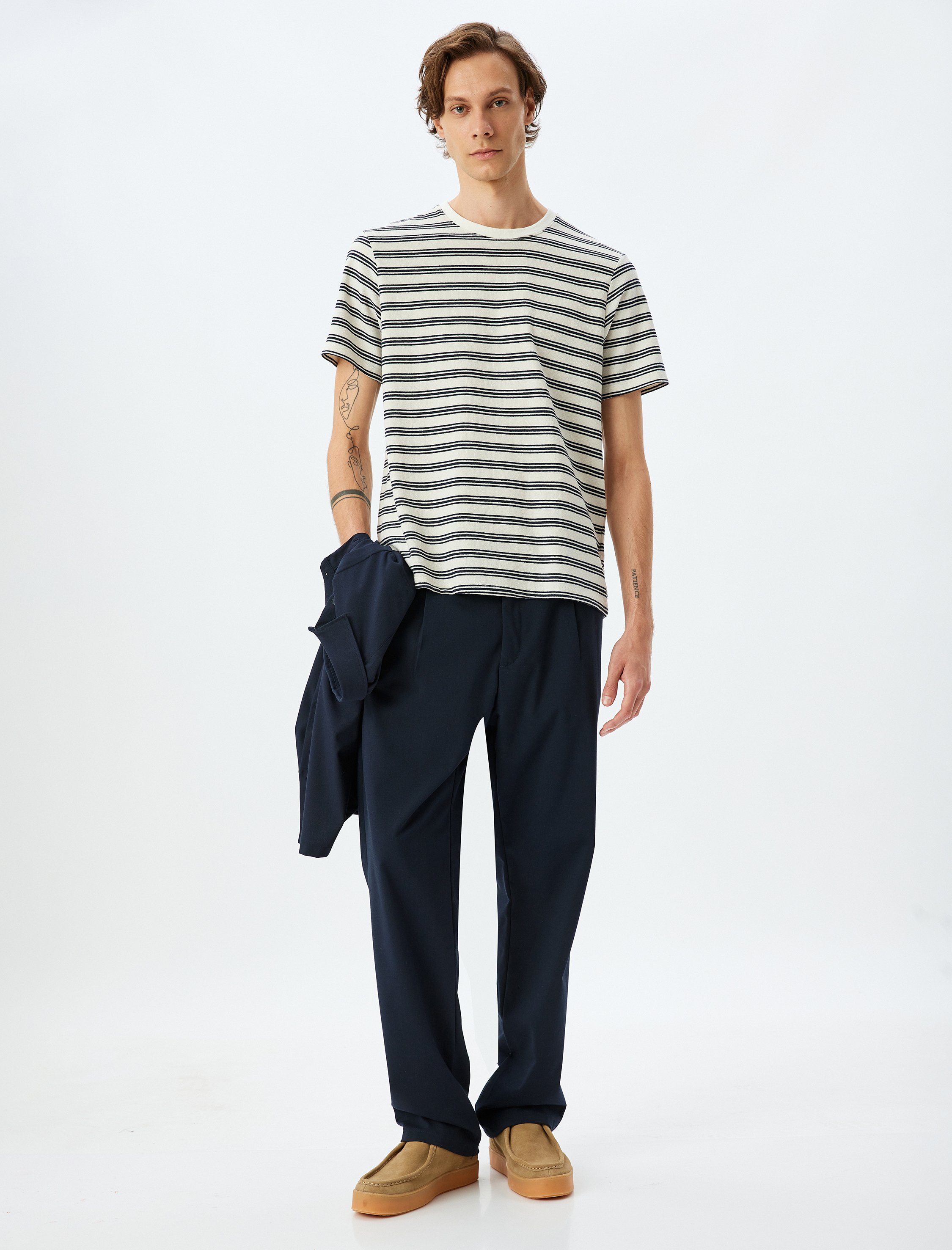   Bisiklet Yaka Kısa Kollu Regular Fit Pamuk Karışımlı Havlu Kumaş Çizgili Tişört