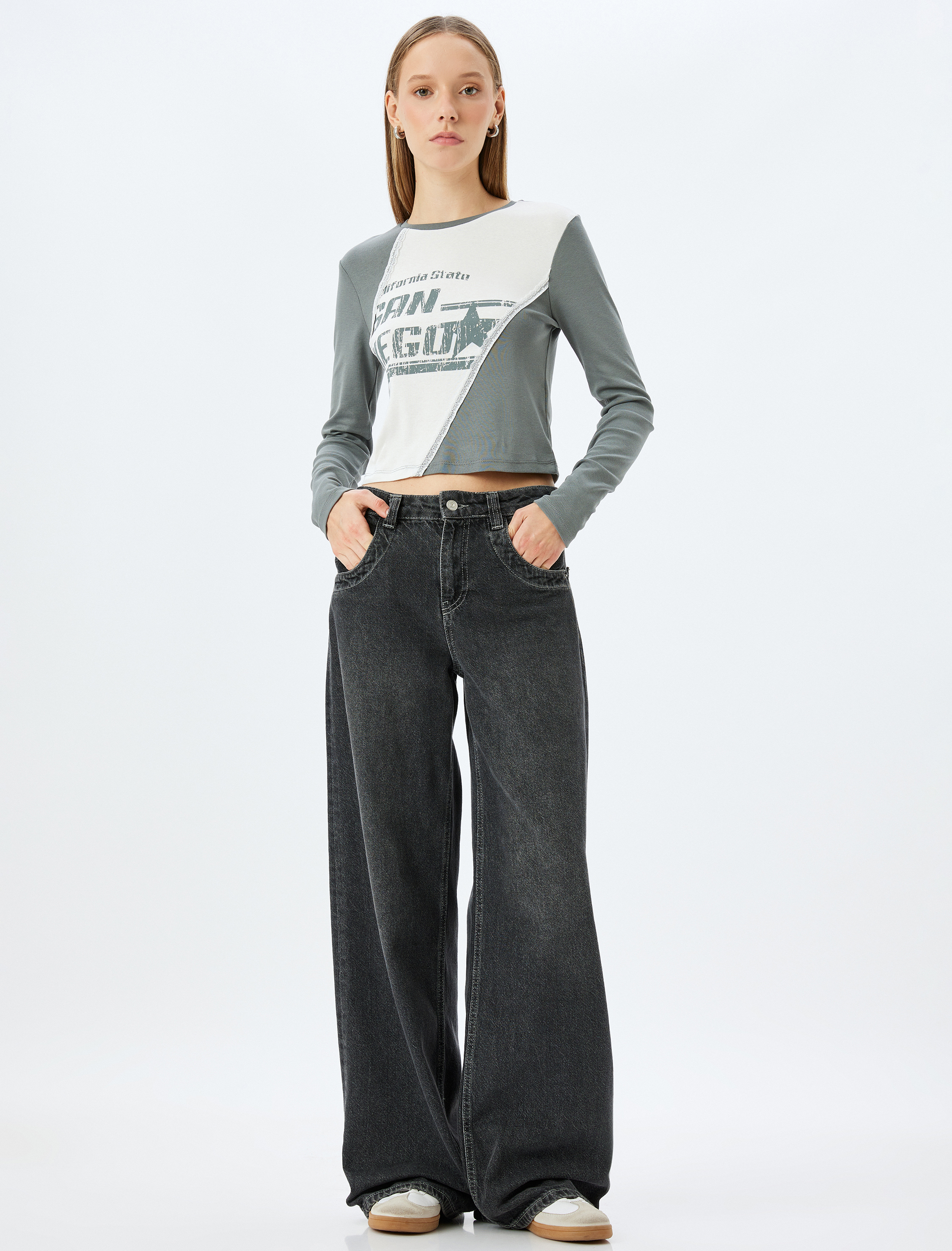   Slogan Baskılı Uzun Kollu Dikiş Detaylı Slim Fit Tişört