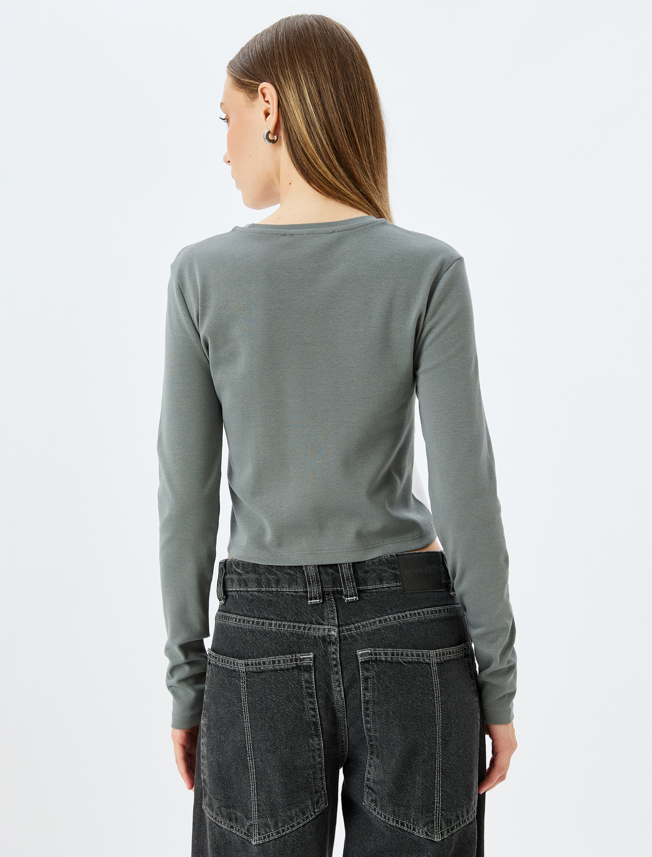   Slogan Baskılı Uzun Kollu Dikiş Detaylı Slim Fit Tişört