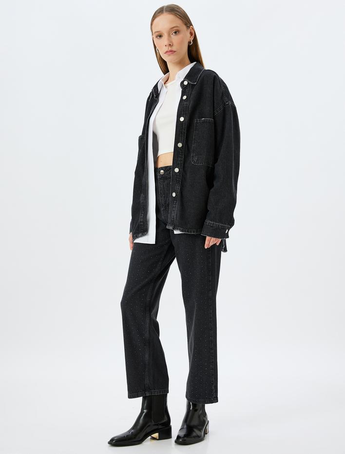  Taşlı Straight Fit Normal Bel Crop Düğmeli Kot Pantolon -  Straight Fit Jean