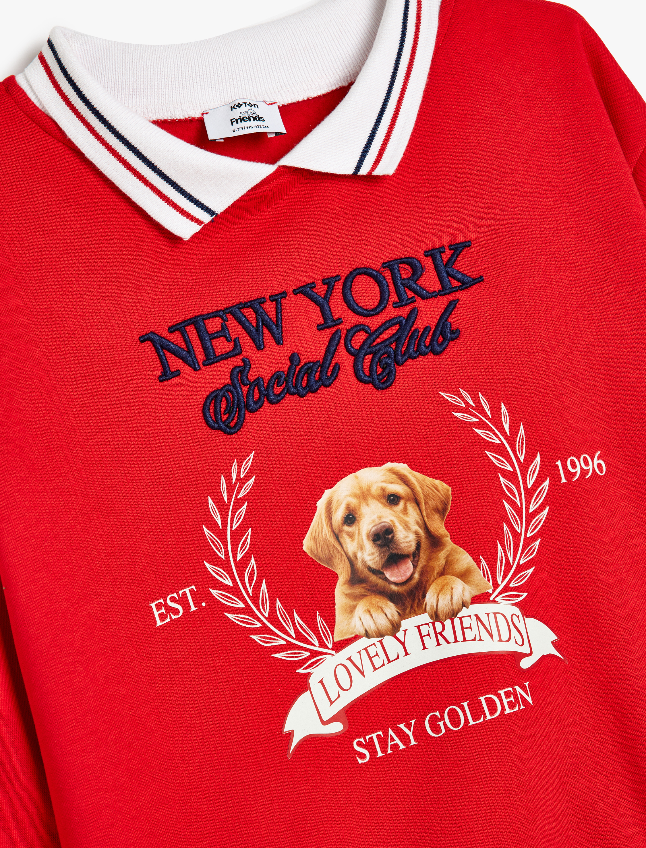  Kız Çocuk Polo Yaka Sweatshirt Köpek Baskılı Uzun Kollu Şardonlu