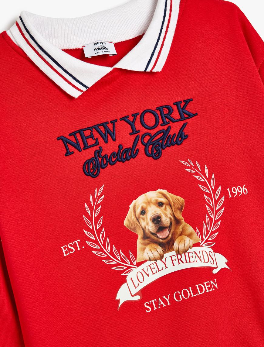  Kız Çocuk Polo Yaka Sweatshirt Köpek Baskılı Uzun Kollu