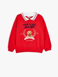 Polo Yaka Sweatshirt Köpek Baskılı Uzun Kollu