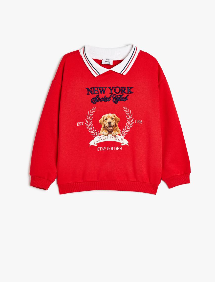  Kız Çocuk Polo Yaka Sweatshirt Köpek Baskılı Uzun Kollu