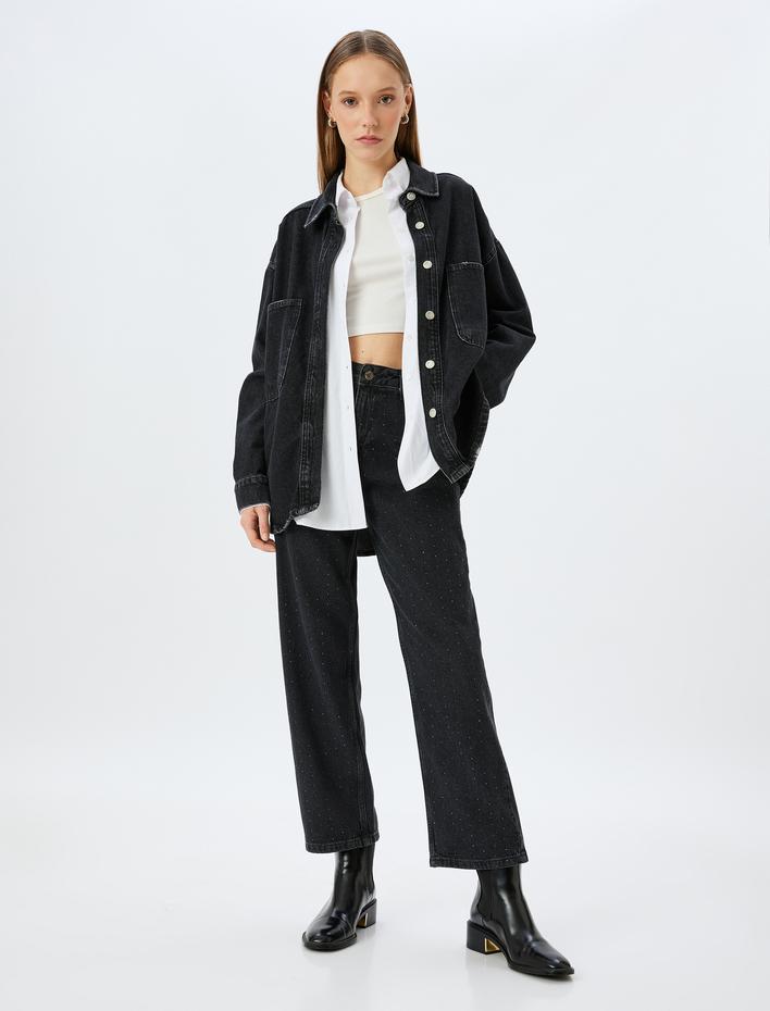  Taşlı Straight Fit Normal Bel Crop Düğmeli Kot Pantolon -  Straight Fit Jean