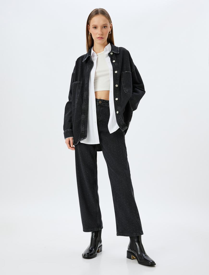   Taşlı Straight Fit Normal Bel Crop Düğmeli Kot Pantolon -  Straight Fit Jean