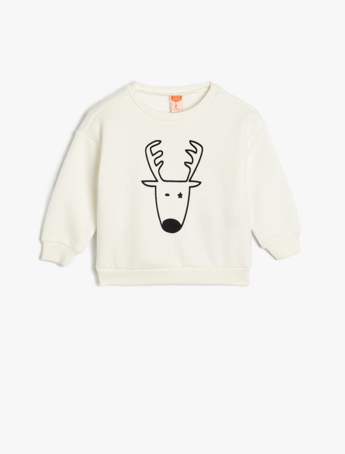 Erkek Bebek Sweatshirt Geyik Baskı Detaylı Uzun Kollu Bisiklet Yaka