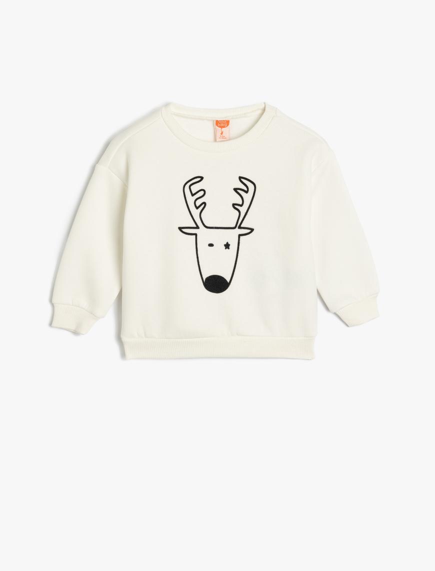  Erkek Bebek Sweatshirt Geyik Baskı Detaylı Uzun Kollu Bisiklet Yaka