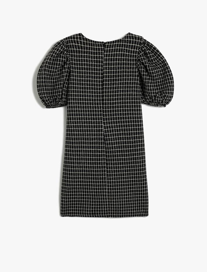 Kız Çocuk Balon Kollu Pötikareli Kareli Elbise Bisiklet Yaka