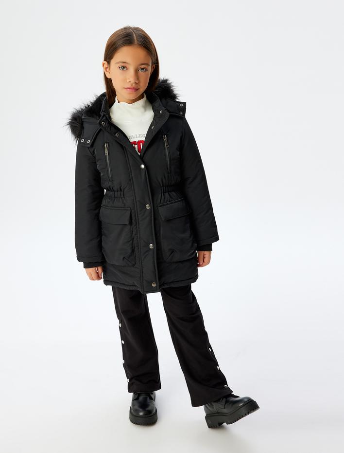 Kız Çocuk Uzun Şişme Kapşonlu Mont Kürk Detaylı Cepli