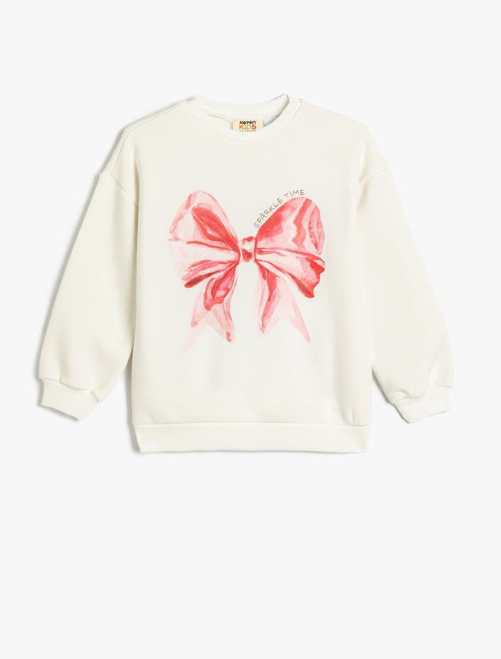Kız Çocuk Sweat Fiyonk Baskılı Bisiklet Yaka Uzun Kollu Şardonlu