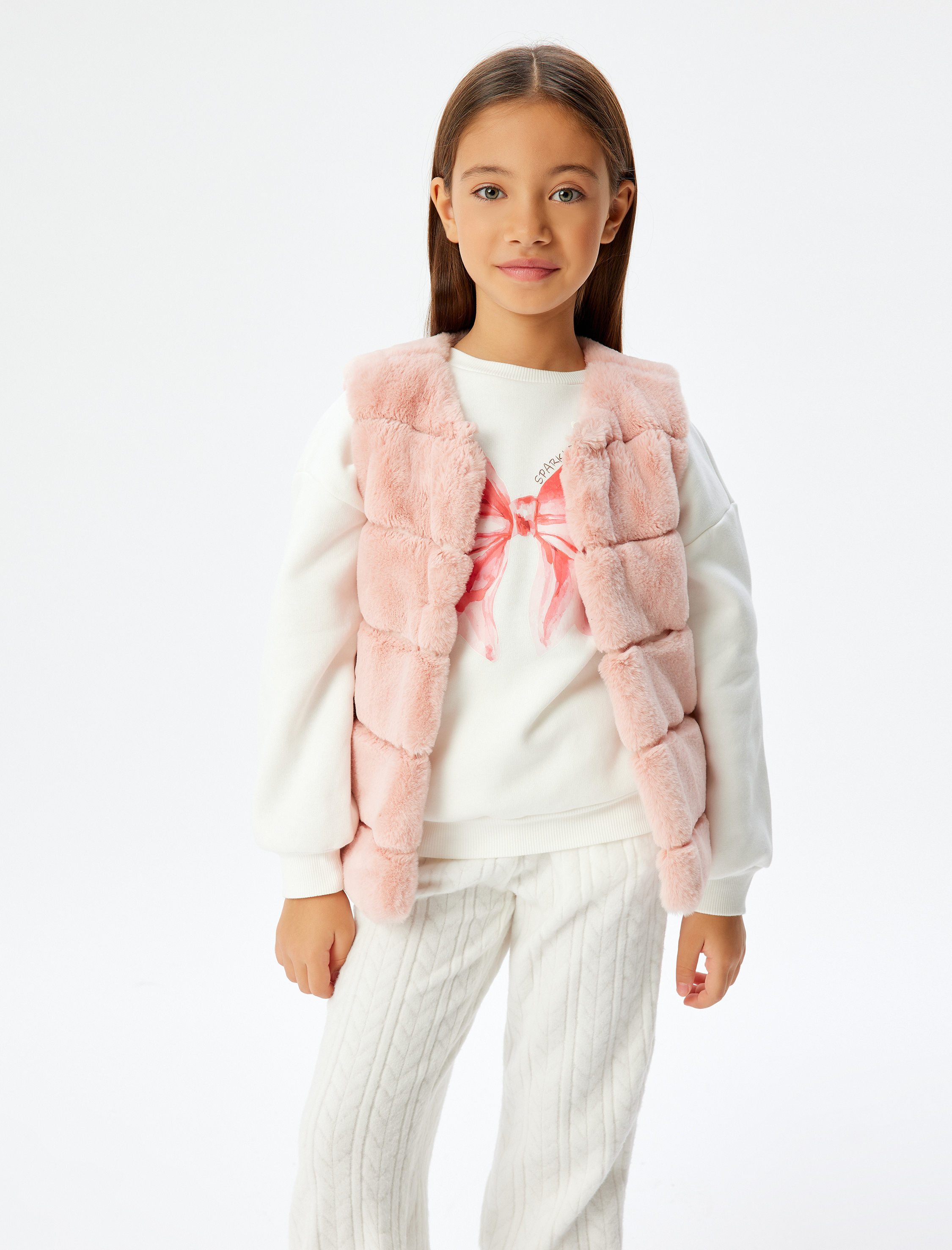 Kız Çocuk Peluş Yelek Yuvarlak Yaka Kolsuz