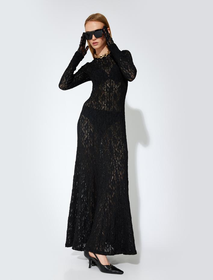  Koton X Sibil Çetinkaya - Uzun Kollu Slim Fit Transparan Dantelli Uzun Elbise