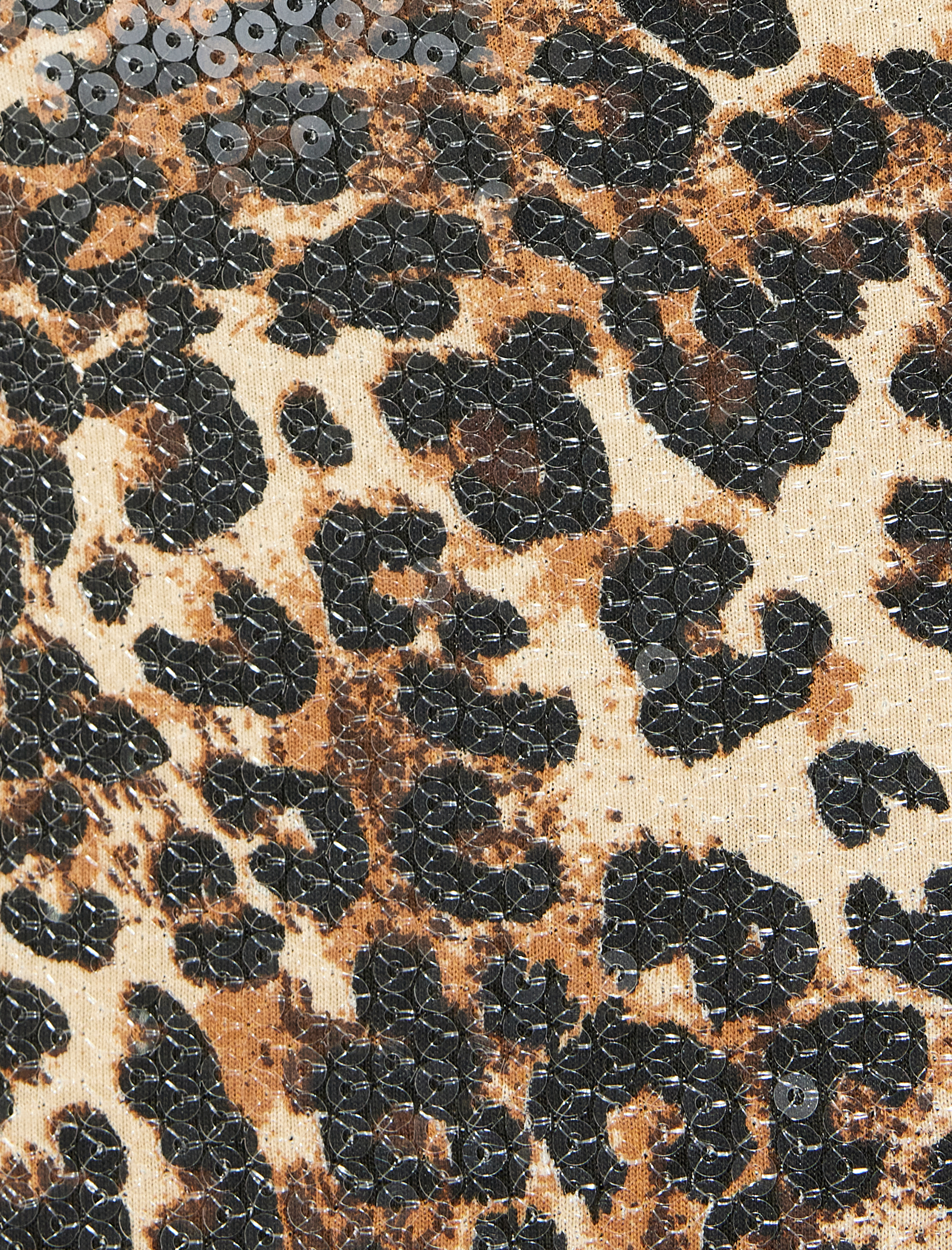   Midi Boy Yırtmaç Detaylı Kolsuz Pullu Payetli Leopar Elbise