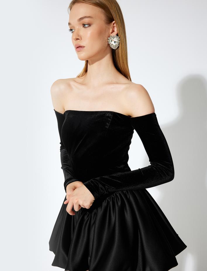  Koton X Sibil Çetinkaya - Kadife Balon Elbise Straplez Yaka Mini Uzun Kollu