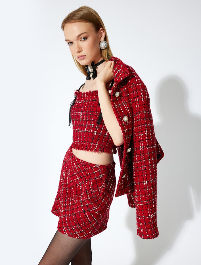  Koton X Sibil Çetinkaya - Askılı Fiyonklu Broş Detaylı Püsküllü Crop Tüvit Büstiyer