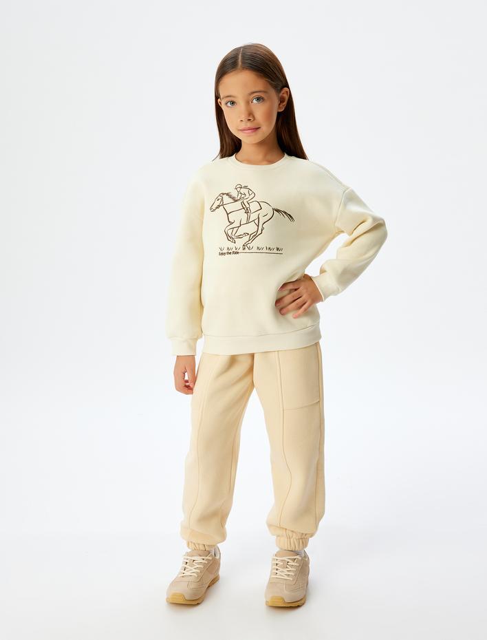 Kız Çocuk Sweatshirt İşleme Detaylı Bisiklet Yaka Şardonlu