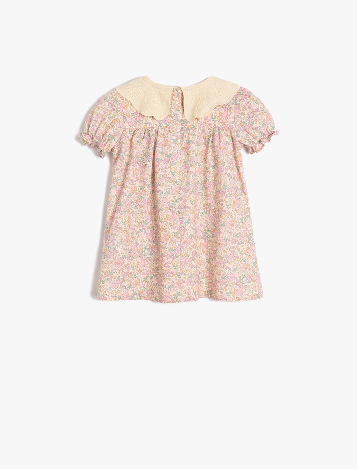 Kız Bebek Çiçekli Elbise Bebe Yaka Balon Kollu Pamuklu