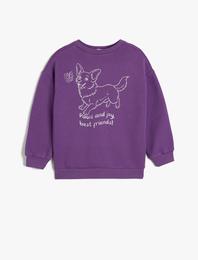 Sweatshirt Köpek Baskılı Uzun Kollu Bisiklet Yaka Şardonlu