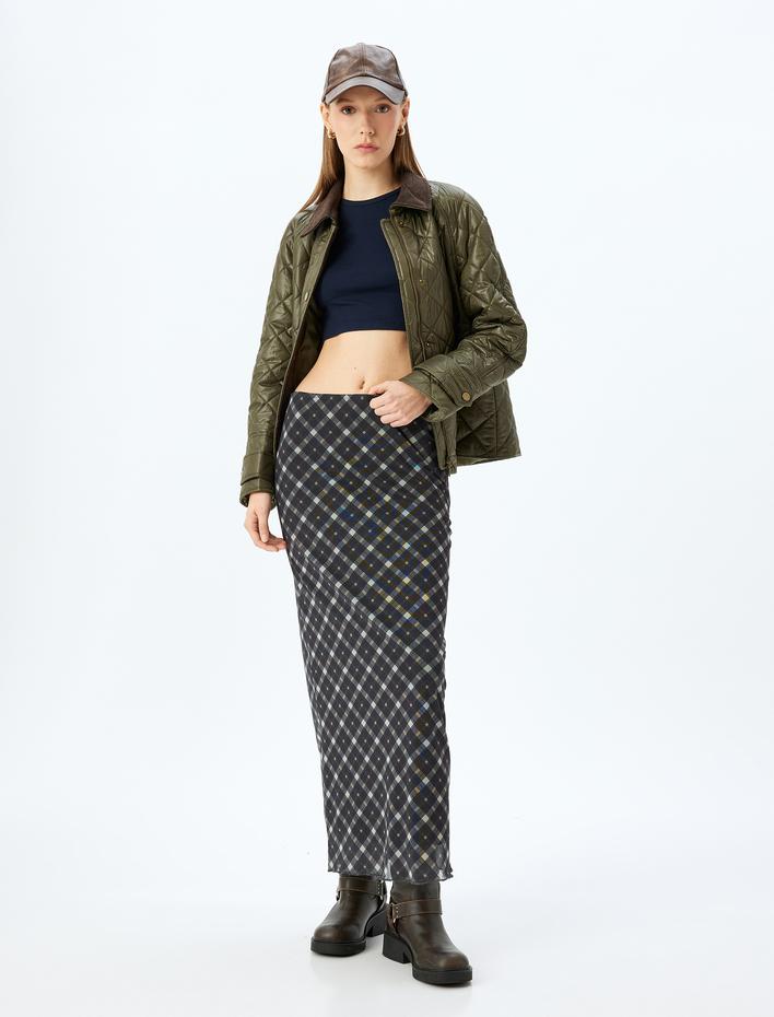  Koton X İnji - Yüksek Bel Slim Fit Ekoseli Astarlı Midi Kalem Etek