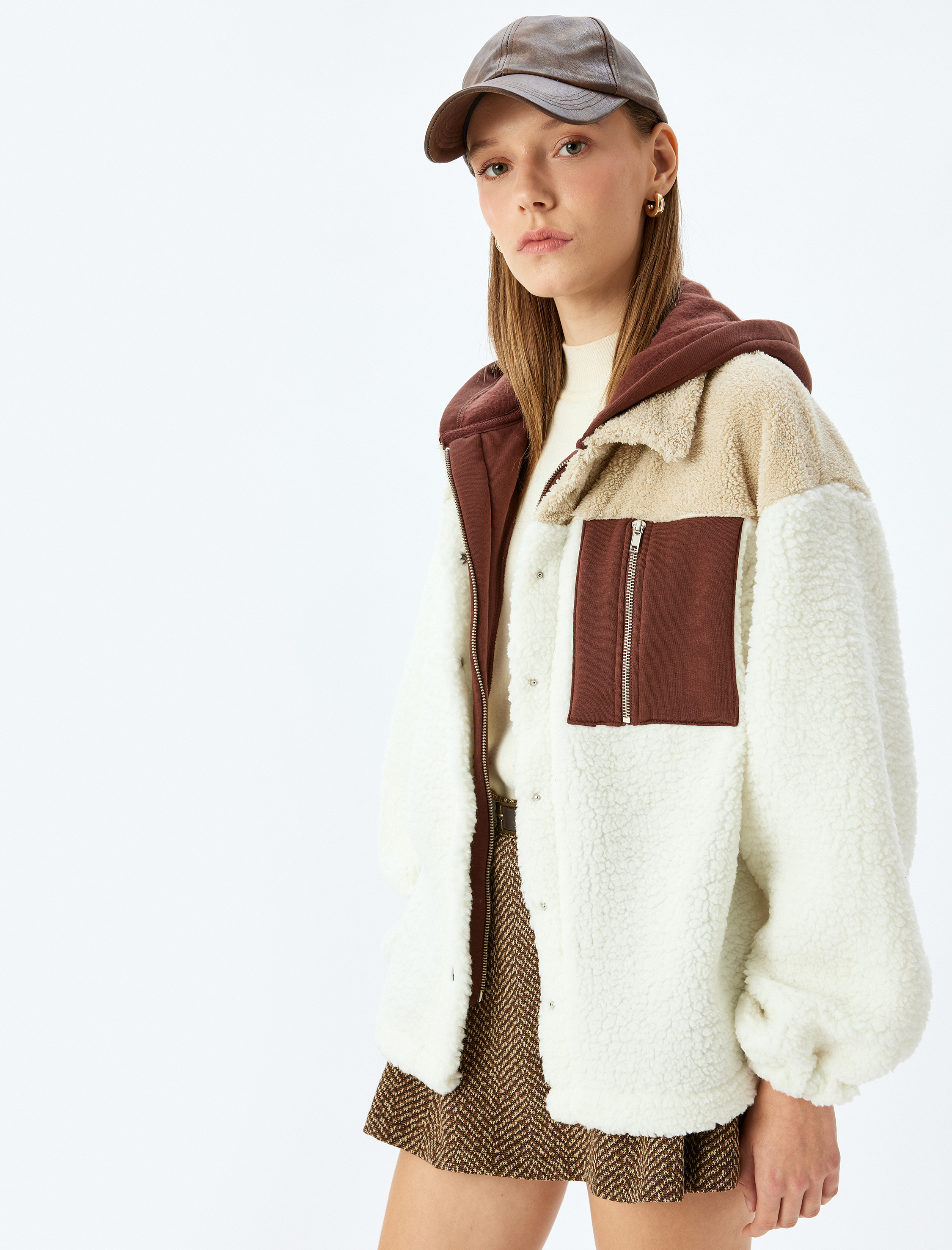   Kapüşonlu Cep Detaylı Fermuarlı Renk Bloklu Peluş Sweatshirt