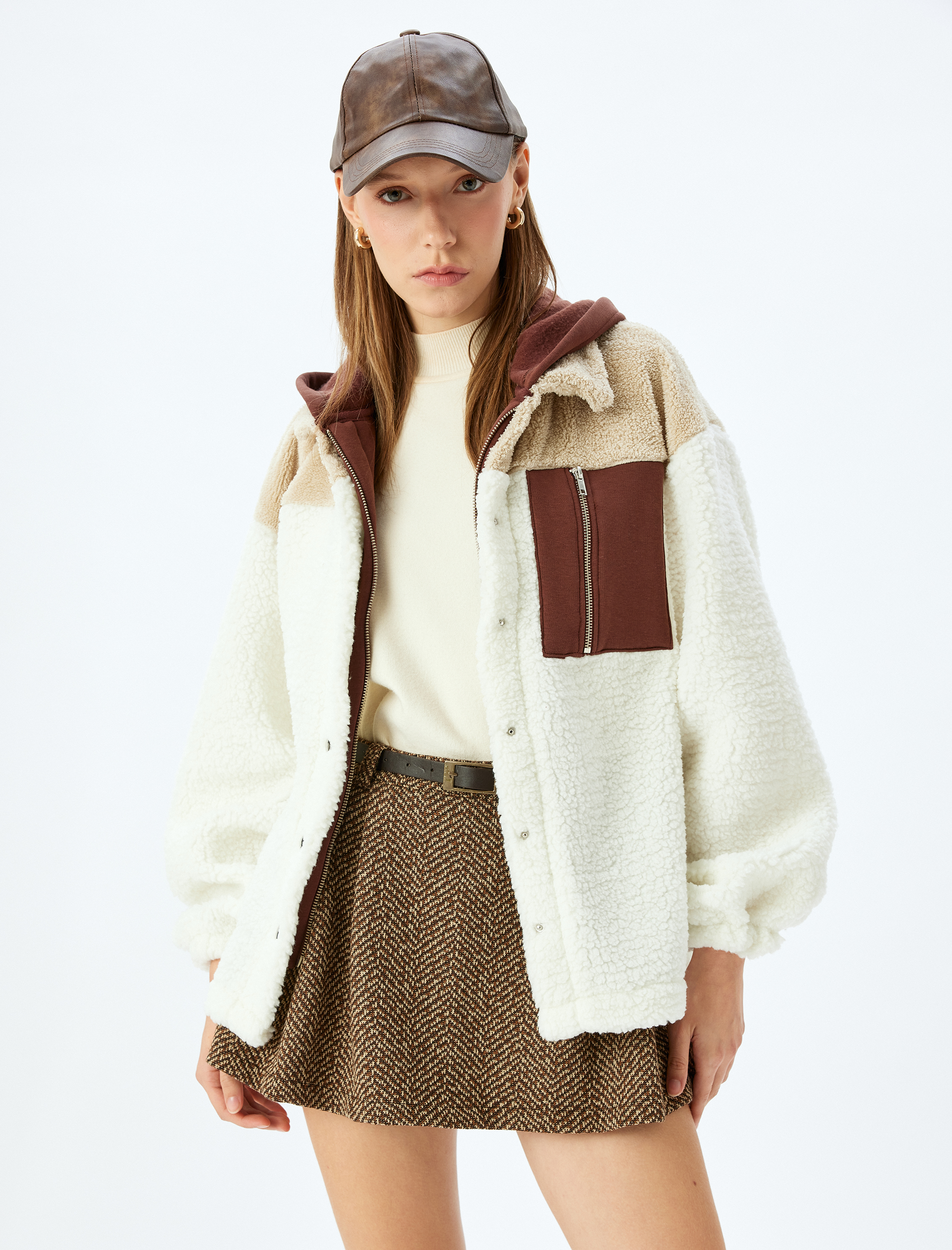   Kapüşonlu Cep Detaylı Fermuarlı Renk Bloklu Peluş Sweatshirt