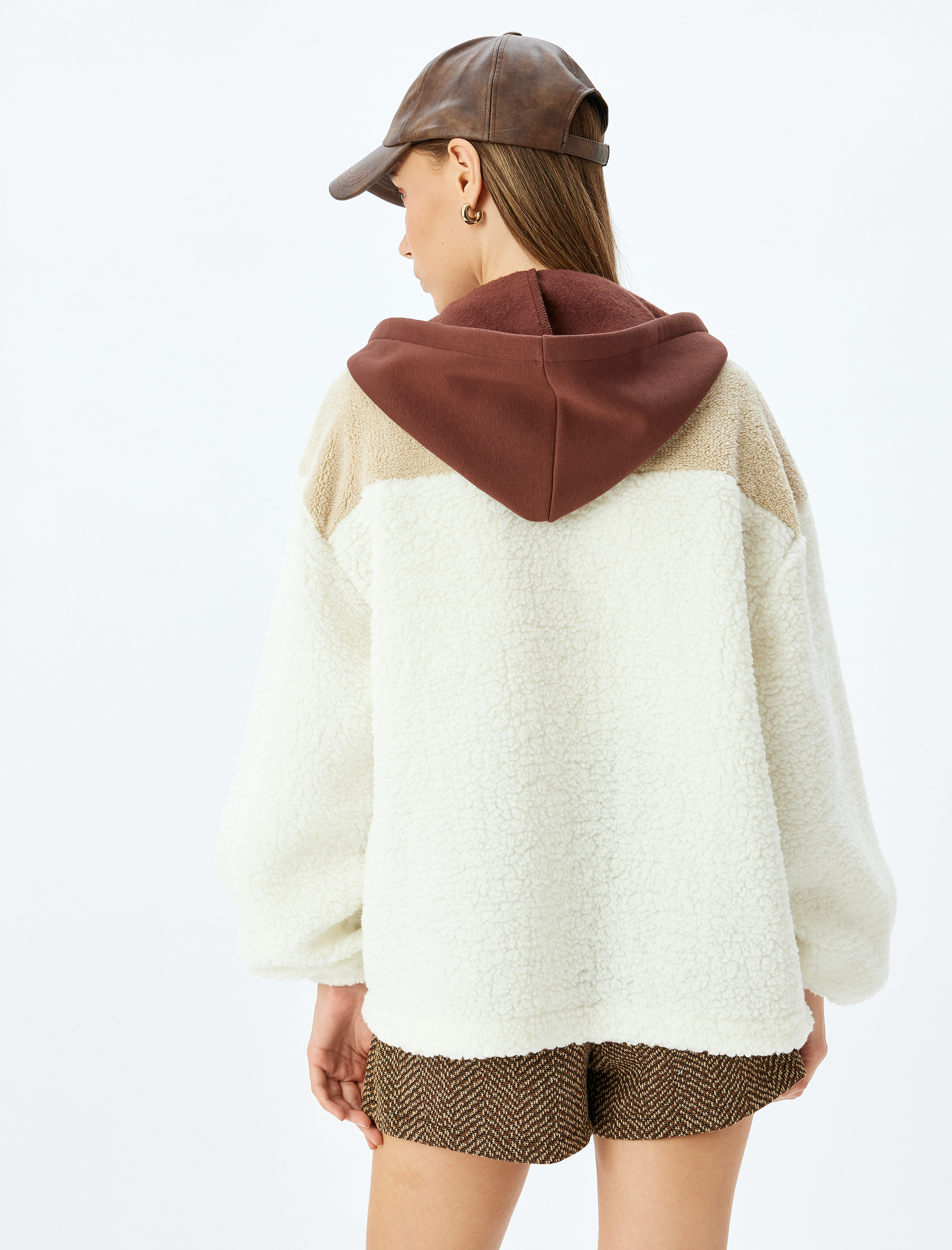   Kapüşonlu Cep Detaylı Fermuarlı Renk Bloklu Peluş Sweatshirt