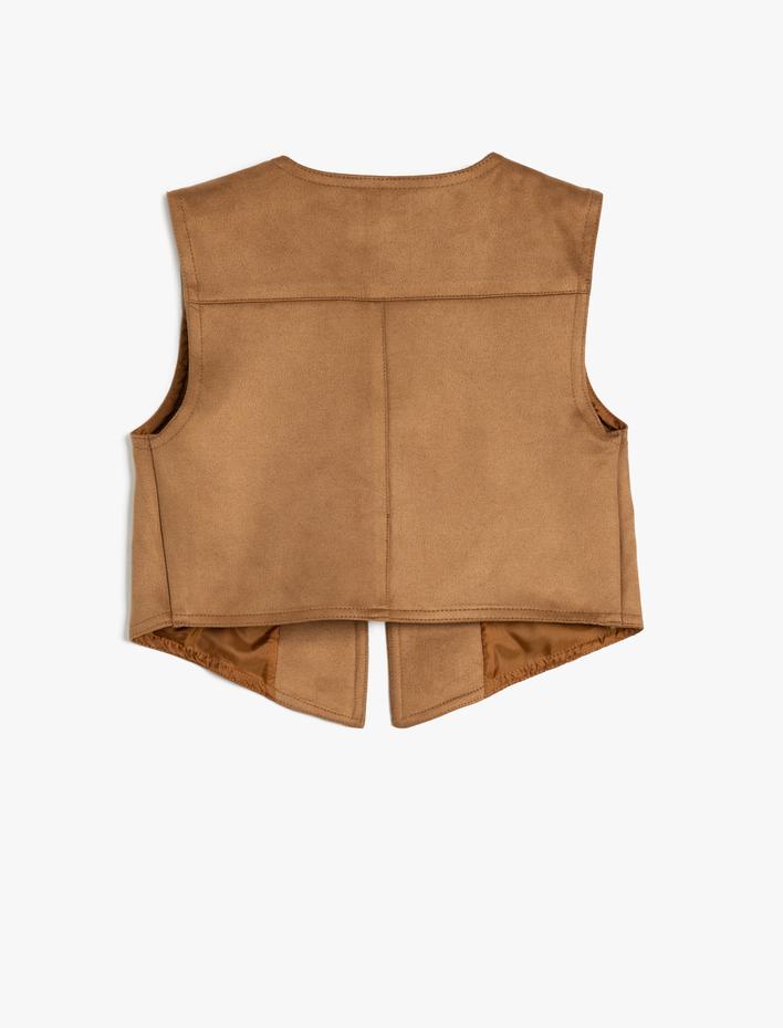 Kız Çocuk Süet Yelek Zımba Detaylı V Yaka Kolsuz Asimetrik Kesim