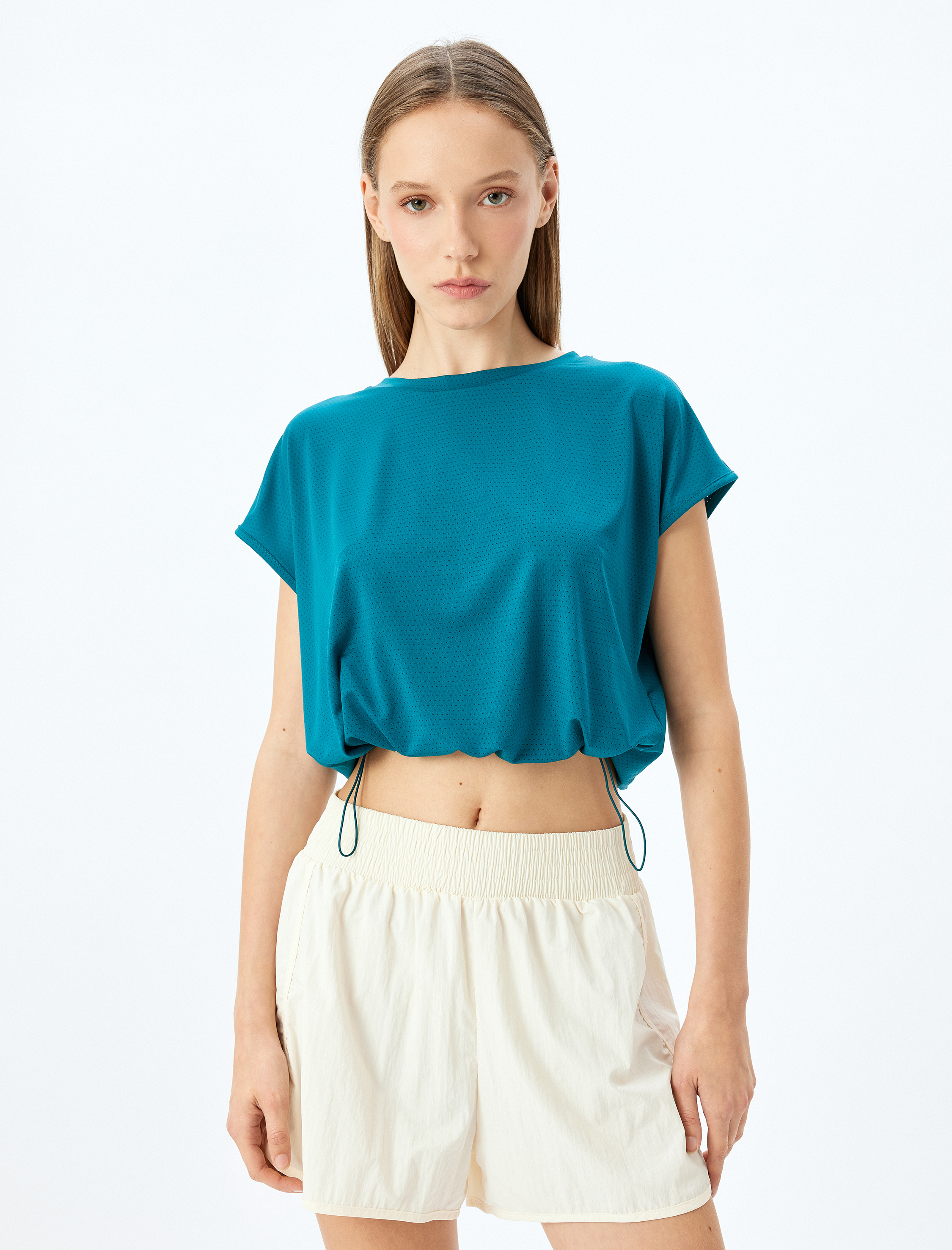 Crop Bisiklet Yaka Beli Lastikli Spor Tişört