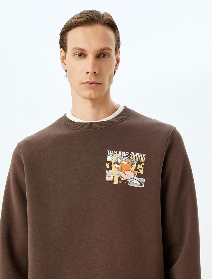  Bisiklet Yaka Pamuk Karışımlı İnterlok Kumaş Baskılı Lisanslı Tom ve Jerry Sweatshirt