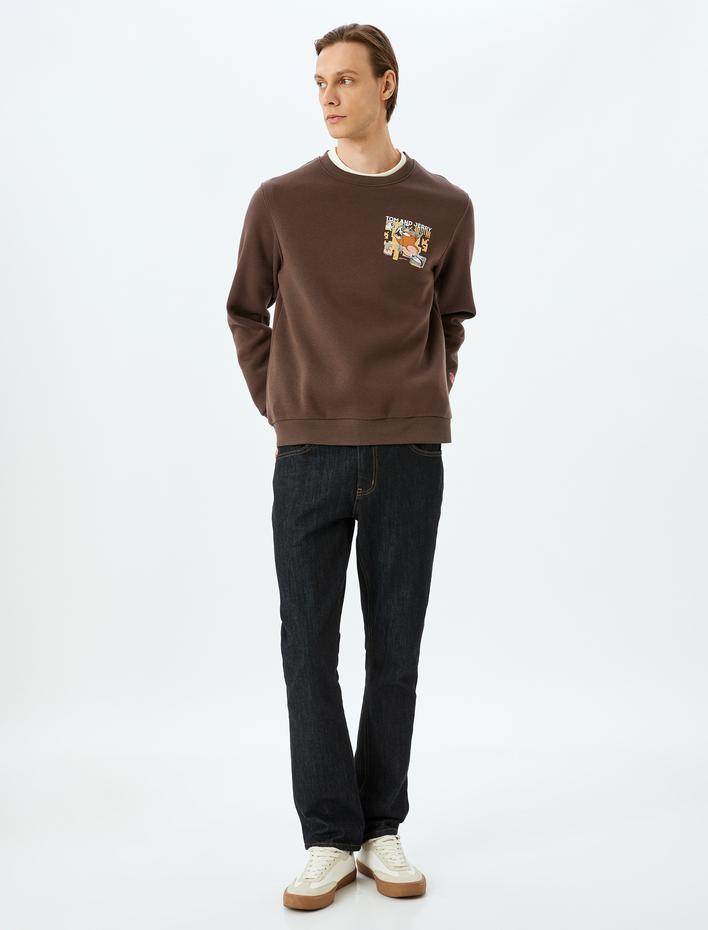  Bisiklet Yaka Pamuk Karışımlı İnterlok Kumaş Baskılı Lisanslı Tom ve Jerry Sweatshirt