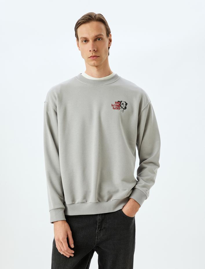  Bisiklet Yaka Pamuk Karışımlı Oversize Uzun Kollu Hayvan Baskılı Sweatshirt