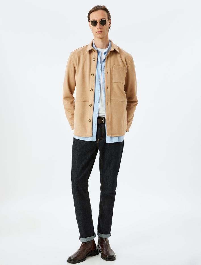  Uzun Kollu Cep Detaylı Düğmeli Suni Süet Gömlek