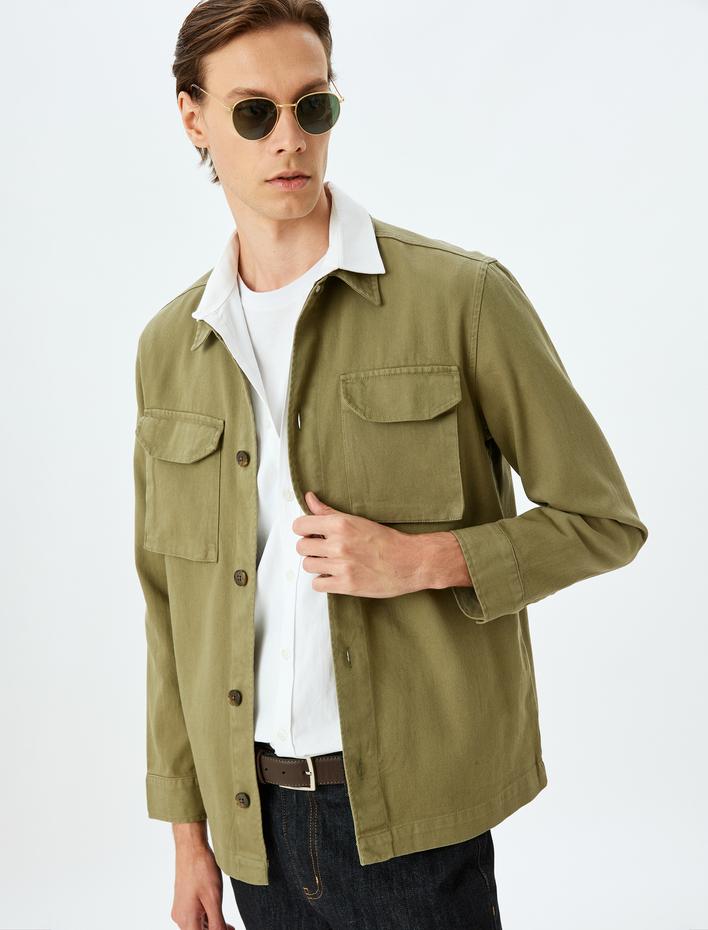  Kapaklı Cepli Pamuklu Regular Fit Düğmeli Uzun Kollu Gömlek Ceket